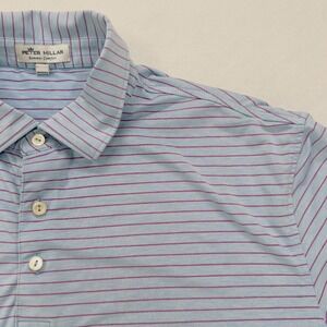 Peter Millar Polo Shirt Mens Large Blue Summer Comfort Stretch Striped Embroider